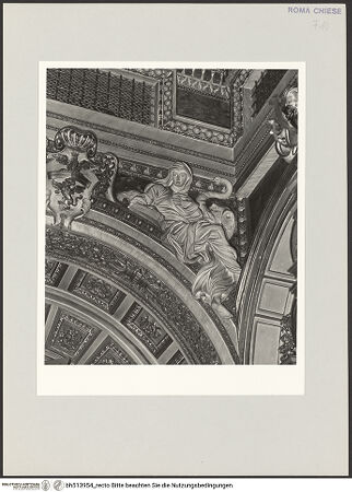 Vorderseite von Sopr. BAS ROMA [https://www.deutsche-digitale-bibliothek.de/content/lizenzen/rv-ez/] Cappella AlaleonaStuckdekoration am Kapelleneingangsbogen - Frau mit Elephant, rechter Zwickel, bh513954_recto. Foto.