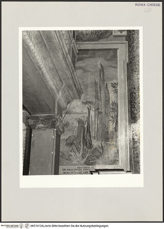 Vorderseite von Sopr. BAS ROMA [https://rightsstatements.org/page/CNE/1.0/] FreskenzyklusMärtyrerlandschaften (untere Wandzone) - Ein honigübergossener Soldat wird den Insekten ausgesetzt, Eingangswand, rechts, bh514124_recto. Foto.