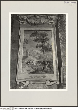 Vorderseite von Sopr. BAS ROMA [https://rightsstatements.org/page/CNE/1.0/] FreskenzyklusMärtyrerlandschaften (untere Wandzone) - Marter des heiligen Ignatius, Bischof von Antiochia, in Rom (im Hintergrund das Kolosseum), linke Wand, 1. Joch, bh514138_recto. Foto.