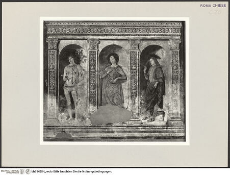 Vorderseite von Sopr. BAS ROMA [https://rightsstatements.org/page/CNE/1.0/] Madonna zwischen den Heiligen Modestus und Creszentia, darunter die Heiligen Vitus, Margarethe und Sebastian - Untere Zone, bh514204_recto. Foto.