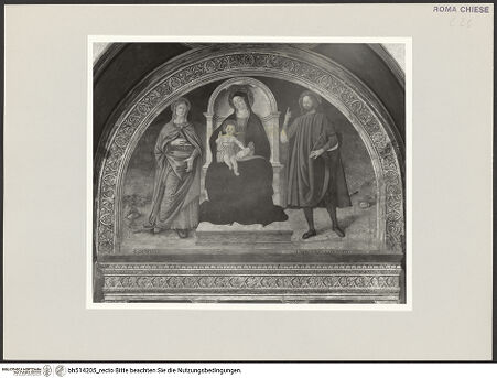 Vorderseite von Sopr. BAS ROMA [https://rightsstatements.org/page/CNE/1.0/] Madonna zwischen den Heiligen Modestus und Creszentia, darunter die Heiligen Vitus, Margarethe und Sebastian - Lünette, bh514205_recto. Foto.