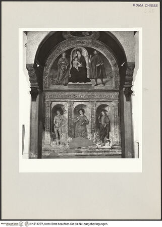 Vorderseite von Sopr. BAS ROMA [https://rightsstatements.org/page/CNE/1.0/] Madonna zwischen den Heiligen Modestus und Creszentia, darunter die Heiligen Vitus, Margarethe und Sebastian - Gesamtansicht, bh514207_recto. Foto.
