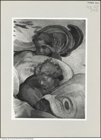 Vorderseite von Musei Vaticani [https://www.deutsche-digitale-bibliothek.de/content/lizenzen/rv-ez/] Die Sixtinische DeckePropheten und SibyllenJonas - Ausschnitt: Gefolge mit Fischkopf, bh515882_recto. Foto.