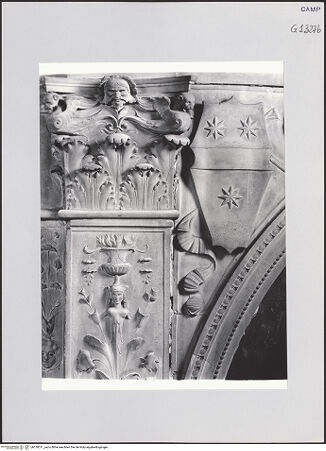 Vorderseite von Pedicini, Luciano [https://www.deutsche-digitale-bibliothek.de/content/lizenzen/rv-ez/] Grabmal des Baldassarre Ricca (gest. 1518)Rahmenarchitektur mit Groteskendekoration und Wappenschild - Kapitell des linken Pilasters und Wappenschild, bh518311_recto. Foto: Pedicini, Luciano.
