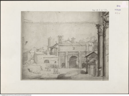 Vorderseite von Kupferstichkabinett Berlin SMB-PK [https://www.deutsche-digitale-bibliothek.de/content/lizenzen/rv-ez/] Heemskerck-Album IIDas Forum Romanum vom Tabularium aus gesehen - linke Hälfte (f. 79 v), bh519168_recto. Foto.