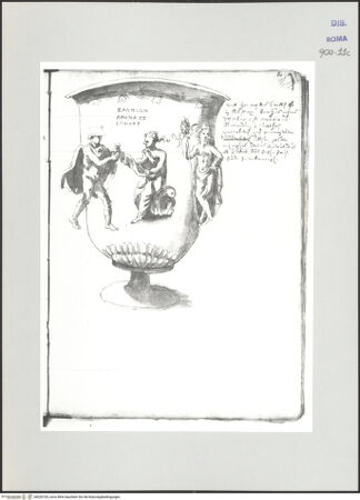 Vorderseite von Biblioteca Apostolica Vaticana [https://www.deutsche-digitale-bibliothek.de/content/lizenzen/rv-ez/] Codex Peiresc (Menestrier) nach dem Aantekenboekje des Philips van WingheHermes übergibt den Säugling Dionysus dem Silenos zur Pflege - , bh520105_recto. Foto.