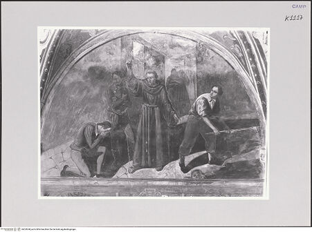 Vorderseite von ICCD [https://www.deutsche-digitale-bibliothek.de/content/lizenzen/rv-ez/] Szenen aus dem Leben des heiligen Jakob von der Mark (Giacomo della Marca)Der heilige Jakob klagt einen Mörder an - Gesamtansicht, bh520240_recto. Foto.