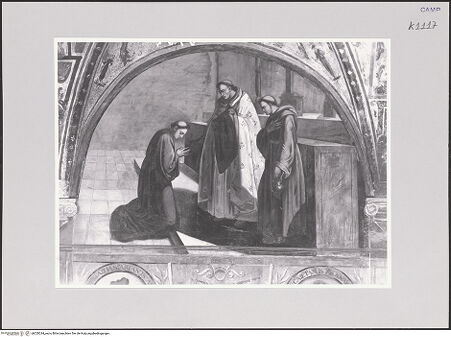 Vorderseite von ICCD [https://www.deutsche-digitale-bibliothek.de/content/lizenzen/rv-ez/] Szenen aus dem Leben des heiligen Jakob von der Mark (Giacomo della Marca)Der heilige Jakob empfängt das franziskanische Gewand - Gesamtansicht, bh520244_recto. Foto.