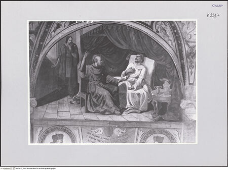 Vorderseite von ICCD [https://www.deutsche-digitale-bibliothek.de/content/lizenzen/rv-ez/] Szenen aus dem Leben des heiligen Jakob von der Mark (Giacomo della Marca)Der heilige Jakob heilt König Ferdinando bei Carinola - Gesamtansicht, bh520251_recto. Foto.