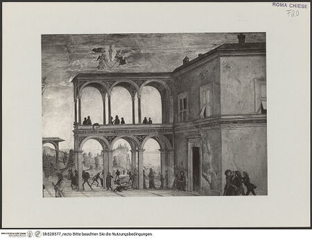 Vorderseite von ICCD [https://www.deutsche-digitale-bibliothek.de/content/lizenzen/rv-ez/] Szenen aus dem Leben des heiligen Bernhardin von SienaExequien des heiligen Bernhardin - Detail: Hintergrundarchitektur in rechter Bildhälfte, bh520577_recto. Foto.