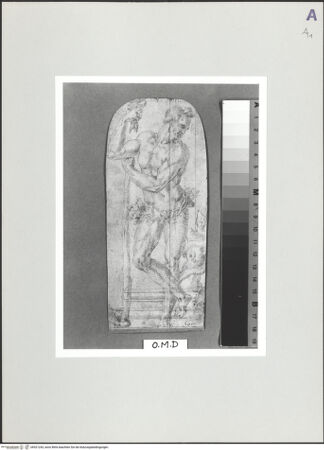 Vorderseite von Sotheby's [https://www.deutsche-digitale-bibliothek.de/content/lizenzen/rv-ez/] Entwurf eines Mannes nach der Antike neben einer Säule - , bh521243_recto. Foto.