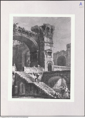 Vorderseite von Klassik Stiftung Weimar [https://www.deutsche-digitale-bibliothek.de/content/lizenzen/rv-ez/] Architekturcapriccio mit römischem Bogen, Brücke, Treppe und Staffagefiguren - , bh521751_recto. Foto.
