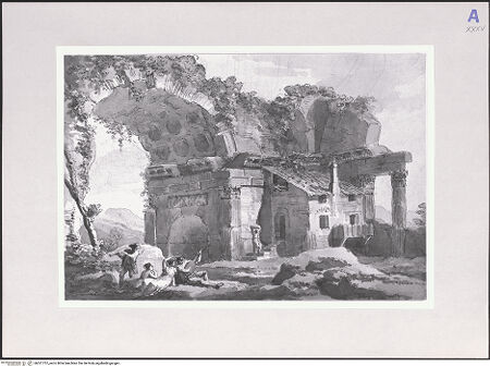 Vorderseite von Klassik Stiftung Weimar, Graphische Sammlungen, Ehemalige Großherzogliche und Staatliche Sammlung [https://www.deutsche-digitale-bibliothek.de/content/lizenzen/rv-ez/] Architekturcapriccio mit antiken verfallenen Gewölben, angebautem Bauernhaus und musizierenden Landleuten - , bh521757_recto. Foto.