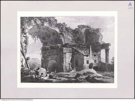 Vorderseite von Klassik Stiftung Weimar [https://www.deutsche-digitale-bibliothek.de/content/lizenzen/rv-ez/] Architekturcapriccio mit antiken verfallenen Gewölben, angebautem Bauernhaus und musizierenden Landleuten - , bh521758_recto. Foto.