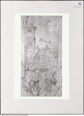 Vorderseite von Klassik Stiftung Weimar [https://www.deutsche-digitale-bibliothek.de/content/lizenzen/rv-ez/] Taddeo Zuccari wird von der Frau des Malers Calabrese zum Einkaufen geschickt, verweilt jedoch unterwegs vor Fassadenfresken Polidoros - , bh521849_recto. Foto.