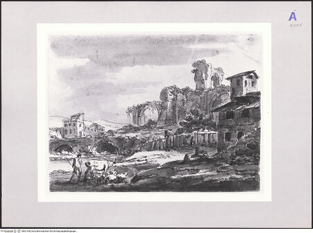 Vorderseite von Klassik Stiftung Weimar [https://www.deutsche-digitale-bibliothek.de/content/lizenzen/rv-ez/] Campagnalandschaft mit Ruinen, ländlichen Gebäuden, Hirten mit Vieh - , bh521940_recto. Foto.