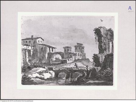 Vorderseite von Klassik Stiftung Weimar [https://www.deutsche-digitale-bibliothek.de/content/lizenzen/rv-ez/] Campagnalandschaft mit Ruinen, bewehrten Gebäuden, Flußlauf mit Brücke, Staffagefiguren - , bh521941_recto. Foto.