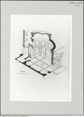 Vorderseite von Bibliotheca Hertziana [https://www.deutsche-digitale-bibliothek.de/content/lizenzen/rv-fz/] Grund- und Aufriss zu Sant'Andrea in Via Flaminia (Rom) - Grundriss und Schnitt, bh522543_recto. Foto.