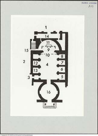 Vorderseite von Bibliotheca Hertziana [https://www.deutsche-digitale-bibliothek.de/content/lizenzen/rv-ez/] Santi Cosma e Damiano - Grundriss, aus: Matthiae, Guglielmo: SS. Cosma e Damiano, Rom 1960, bh522549_recto. Foto.