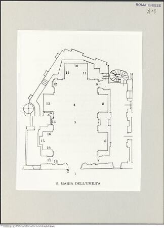 Vorderseite von Bibliotheca Hertziana [https://www.deutsche-digitale-bibliothek.de/content/lizenzen/rv-ez/] Santa Maria dell'Umiltà - Grundriss, aus: Cicinelli, Aldo: S. Maria dell'Umiltà, Rom 1970, bh522551_recto. Foto.