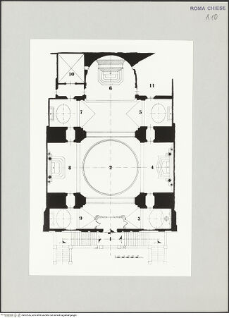 Vorderseite von Bibliotheca Hertziana [https://www.deutsche-digitale-bibliothek.de/content/lizenzen/rv-ez/] Santa Maria delle Grazie alle Fornaci - Grundriss, aus: Caiola, A. Federico: S. Maria delle Grazie alle Fornaci, Rom 1970, bh522556_recto. Foto.