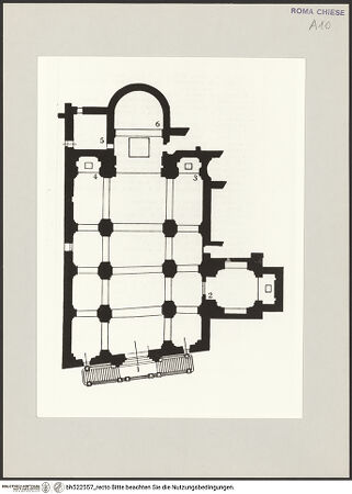 Vorderseite von Bibliotheca Hertziana [https://www.deutsche-digitale-bibliothek.de/content/lizenzen/rv-ez/] Sant'Andrea Catabarbara - Grundriss, aus: Enking, Ragna: S. Andrea Cata Barbara e S. Antonio sull'Esquilino, Rom 1964, bh522557_recto. Foto.