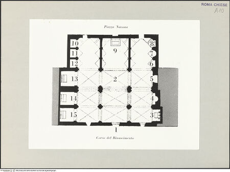 Vorderseite von Bibliotheca Hertziana [https://www.deutsche-digitale-bibliothek.de/content/lizenzen/rv-ez/] Deckenmalerei in San Giacomo degli Spagnoli - Grundriss, aus: Russo, Francesco: Nostra Signora del Sacro Cuore, Rom 1969, bh522558_recto. Foto.