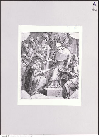 Vorderseite von Sotheby's [https://www.deutsche-digitale-bibliothek.de/content/lizenzen/rv-ez/] Kniender Mann, der von Minerva einem thronenden Papst präsentiert wird - , bh524868_recto. Foto.