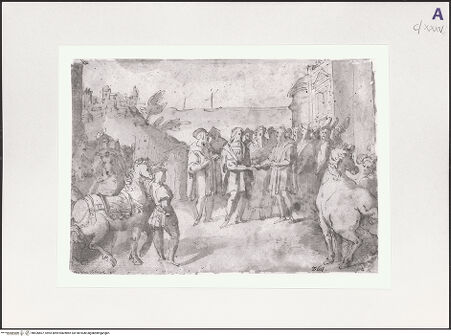 Vorderseite von Staatliche Graphische Sammlung [https://www.deutsche-digitale-bibliothek.de/content/lizenzen/rv-ez/] Papst Paul III. stiftet Frieden zwischen Karl V. und Franz I. in Nizza 1538 - , bh526607_recto. Foto.