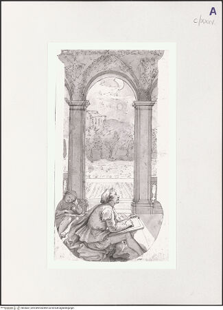 Vorderseite von Staatliche Graphische Sammlung [https://www.deutsche-digitale-bibliothek.de/content/lizenzen/rv-ez/] Taddeo Zuccari übernachtet in der Loggia der Villa Farnesina und zeichnet nach der Decke - , bh526687_recto. Foto.