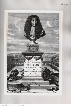 Vorderseite von Istituto Nazionale per la Grafica [http://creativecommons.org/publicdomain/mark/1.0/] Büste Ludwigs XIV. auf einem Sockel, im Hintergrund Reiterspiele zu seinen Ehren - , bh527376. Foto.