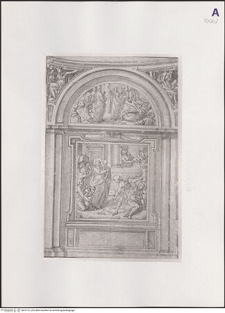 Vorderseite von Hamburger Kunsthalle [https://www.deutsche-digitale-bibliothek.de/content/lizenzen/rv-ez/] Entwurf für einen Altar: Ein Heiliger verhandelt mit Bauleuten eines Tempels; Der Heilige beschwört Drachen; Sibylle und Prophet - , bh527757_recto. Foto.