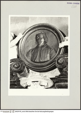 Vorderseite von Sopr. BAS ROMA [https://www.deutsche-digitale-bibliothek.de/content/lizenzen/rv-ez/] Grabmal für Lucas Holste (Holstenius) aus Hamburg, gest. 1661Bildnis des Lucas Holstenius - Porträtmedaillon, bh529181_recto. Foto.