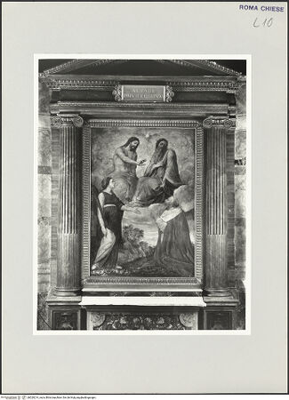 Vorderseite von Sopr. BAS ROMA [https://www.deutsche-digitale-bibliothek.de/content/lizenzen/rv-ez/] Heilige Dreifaltigkeit, heilige Barbara und Kardinal Enckenvoirt - , bh529214_recto. Foto.