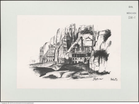 Vorderseite von Bibliotheca Hertziana [https://www.deutsche-digitale-bibliothek.de/content/lizenzen/rv-ez/] Skizzenbuch Vorderasien, Ägypten, PalästinaAnsicht von Petra - , bh529764_recto. Foto.