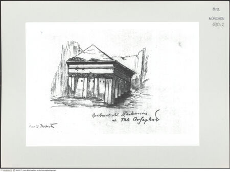 Vorderseite von Bibliotheca Hertziana [https://www.deutsche-digitale-bibliothek.de/content/lizenzen/rv-ez/] Skizzenbuch Vorderasien, Ägypten, PalästinaDas Grabmal des Zacharias im Tal Josaphat - , bh529771_recto. Foto.