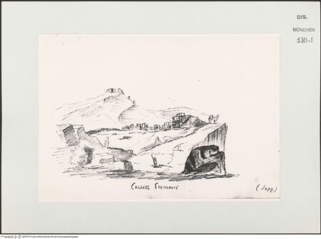 Vorderseite von Bibliotheca Hertziana [https://www.deutsche-digitale-bibliothek.de/content/lizenzen/rv-ez/] Skizzenbuch Vorderasien, Ägypten, PalästinaAnsicht des Emmaus-Kastells - , bh529779_recto. Foto.