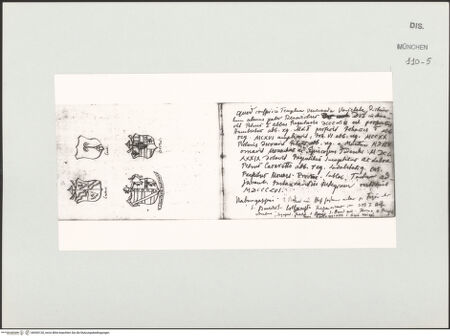 Vorderseite von Bibliotheca Hertziana [https://www.deutsche-digitale-bibliothek.de/content/lizenzen/rv-ez/] Skizzenbuch LatiumVier Familienwappen; Textseite - oben, mit Textseite, bh530120_recto. Foto.