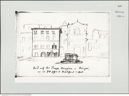 Vorderseite von Bibliotheca Hertziana [https://www.deutsche-digitale-bibliothek.de/content/lizenzen/rv-ez/] Skizzenbuch LatiumHaus auf der Piazza Maggiore (Piazza Cavour?) in Anagni - , bh530132_recto. Foto.