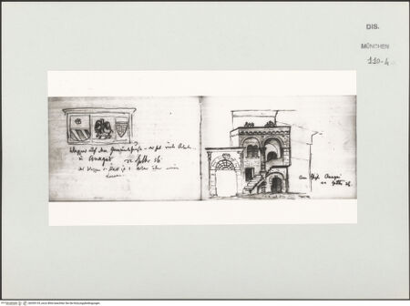 Vorderseite von Bibliotheca Hertziana [https://www.deutsche-digitale-bibliothek.de/content/lizenzen/rv-ez/] Skizzenbuch LatiumWappen von Anagni und Casa Gigli (Barnekow) bei Anagni - links, bh530133_recto. Foto.