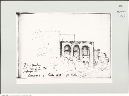 Vorderseite von Bibliotheca Hertziana [https://www.deutsche-digitale-bibliothek.de/content/lizenzen/rv-ez/] Skizzenbuch LatiumAnagni: Palast Caetani, "in dem Bonifatius VIII. gefangen gehalten wurde" - , bh530135_recto. Foto.