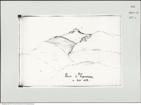 Vorderseite von Bibliotheca Hertziana [https://www.deutsche-digitale-bibliothek.de/content/lizenzen/rv-ez/] Skizzenbuch LatiumAnsicht von Rocca di Cave - , bh530138_recto. Foto.