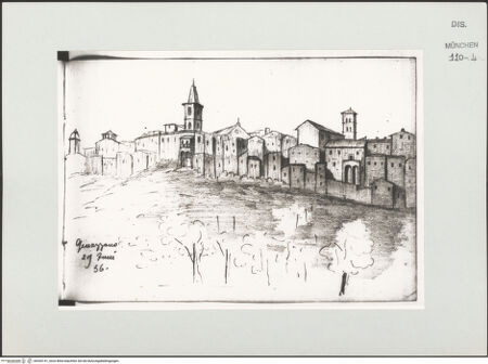 Vorderseite von Bibliotheca Hertziana [https://www.deutsche-digitale-bibliothek.de/content/lizenzen/rv-ez/] Skizzenbuch LatiumAnsicht von Genazzano - , bh530141_recto. Foto.