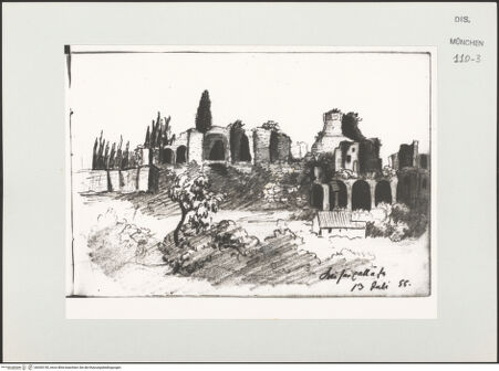 Vorderseite von Bibliotheca Hertziana [https://www.deutsche-digitale-bibliothek.de/content/lizenzen/rv-ez/] Skizzenbuch LatiumAnsicht der Ruinen der Kaiserpaläste auf dem Palatin - , bh530150_recto. Foto.