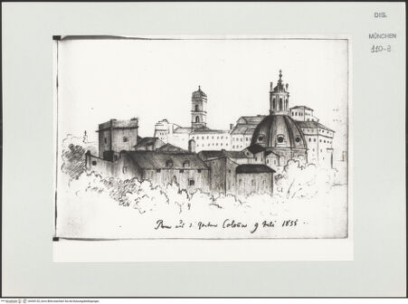 Vorderseite von Bibliotheca Hertziana [https://www.deutsche-digitale-bibliothek.de/content/lizenzen/rv-ez/] Skizzenbuch LatiumRom vom Garten der Colonna aus gesehen (Palazzo Senatorio und Kuppel der Santissimo Nome di Maria) - , bh530152_recto. Foto.