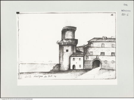 Vorderseite von Bibliotheca Hertziana [https://www.deutsche-digitale-bibliothek.de/content/lizenzen/rv-ez/] Skizzenbuch LatiumAnsicht von Civita Lavigna (Lanuvio) mit mittelalterlichem Schloß - , bh530169_recto. Foto.