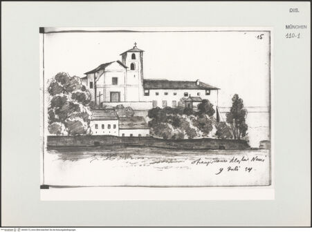 Vorderseite von Bibliotheca Hertziana [https://www.deutsche-digitale-bibliothek.de/content/lizenzen/rv-ez/] Skizzenbuch LatiumFranziskanerkloster in Nemi - , bh530172_recto. Foto.