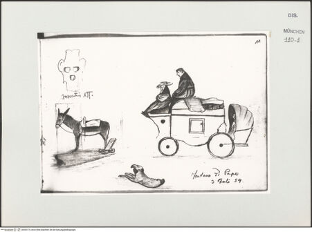 Vorderseite von Bibliotheca Hertziana [https://www.deutsche-digitale-bibliothek.de/content/lizenzen/rv-ez/] Skizzenbuch LatiumFontana di Papa: Ein Esel, ein Hund und eine Kutsche; Wappen des Innozenz XI - , bh530176_recto. Foto.