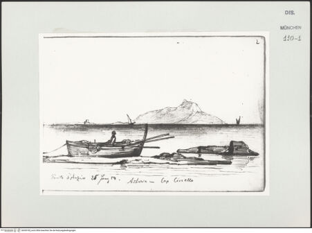 Vorderseite von Bibliotheca Hertziana [https://www.deutsche-digitale-bibliothek.de/content/lizenzen/rv-ez/] Skizzenbuch LatiumAnsicht des Porto d'Anzio, Torre Astura und Circeo im Hintergrund - , bh530185_recto. Foto.