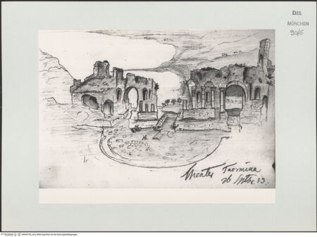 Vorderseite von Bibliotheca Hertziana [https://www.deutsche-digitale-bibliothek.de/content/lizenzen/rv-ez/] Skizzenbuch Capri, SizilienDas Theater von Taormina - , bh530195_recto. Foto.